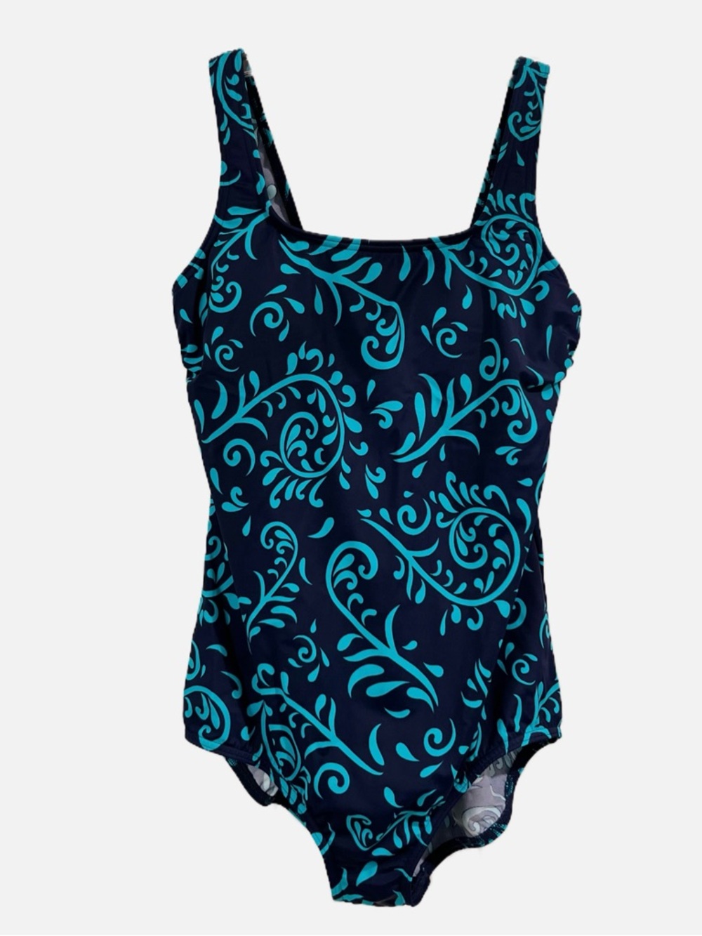 Lands' End Women’s Swimsuit Navy and Teal Swirl One-Piece Bathing Suit 14